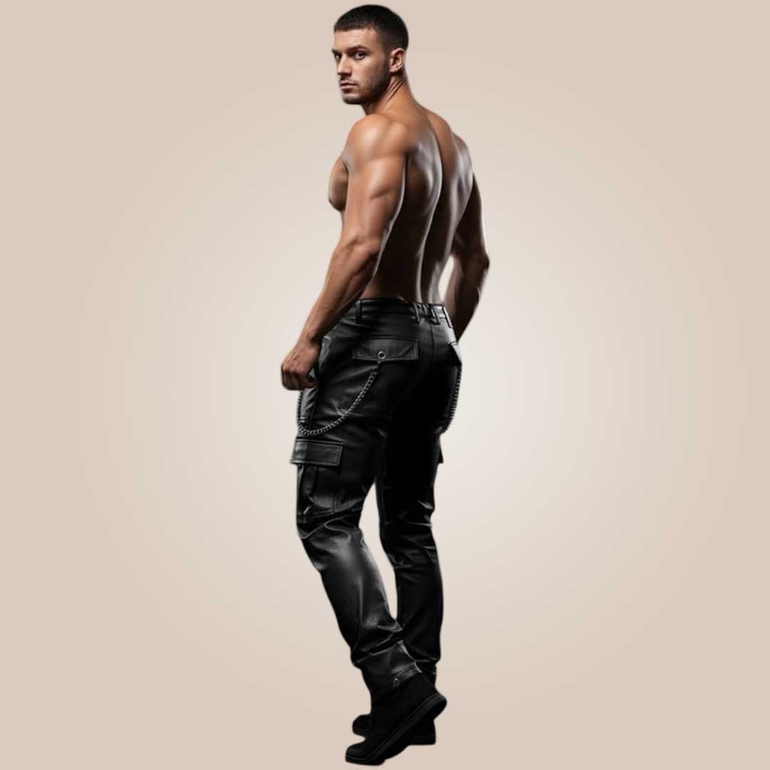 black cowhide leather cargo pants zipper detail