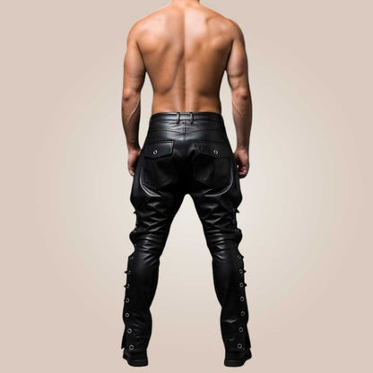 black cowhide leather pants slim fit