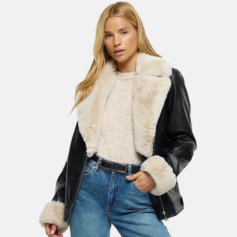 black faux shearling biker jacket for women