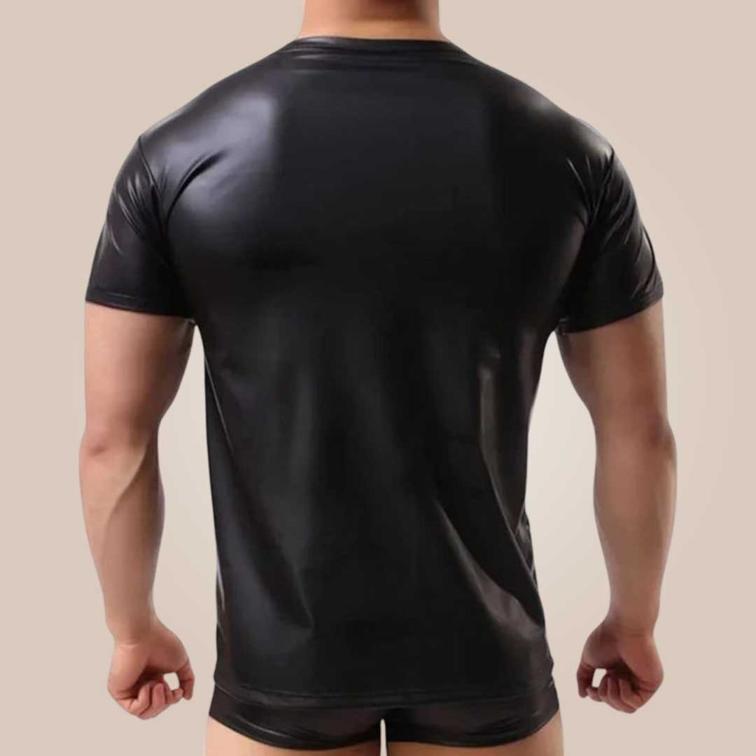 black leather clubwear t shirt close up