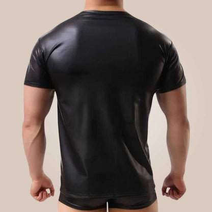 black leather clubwear t shirt close up