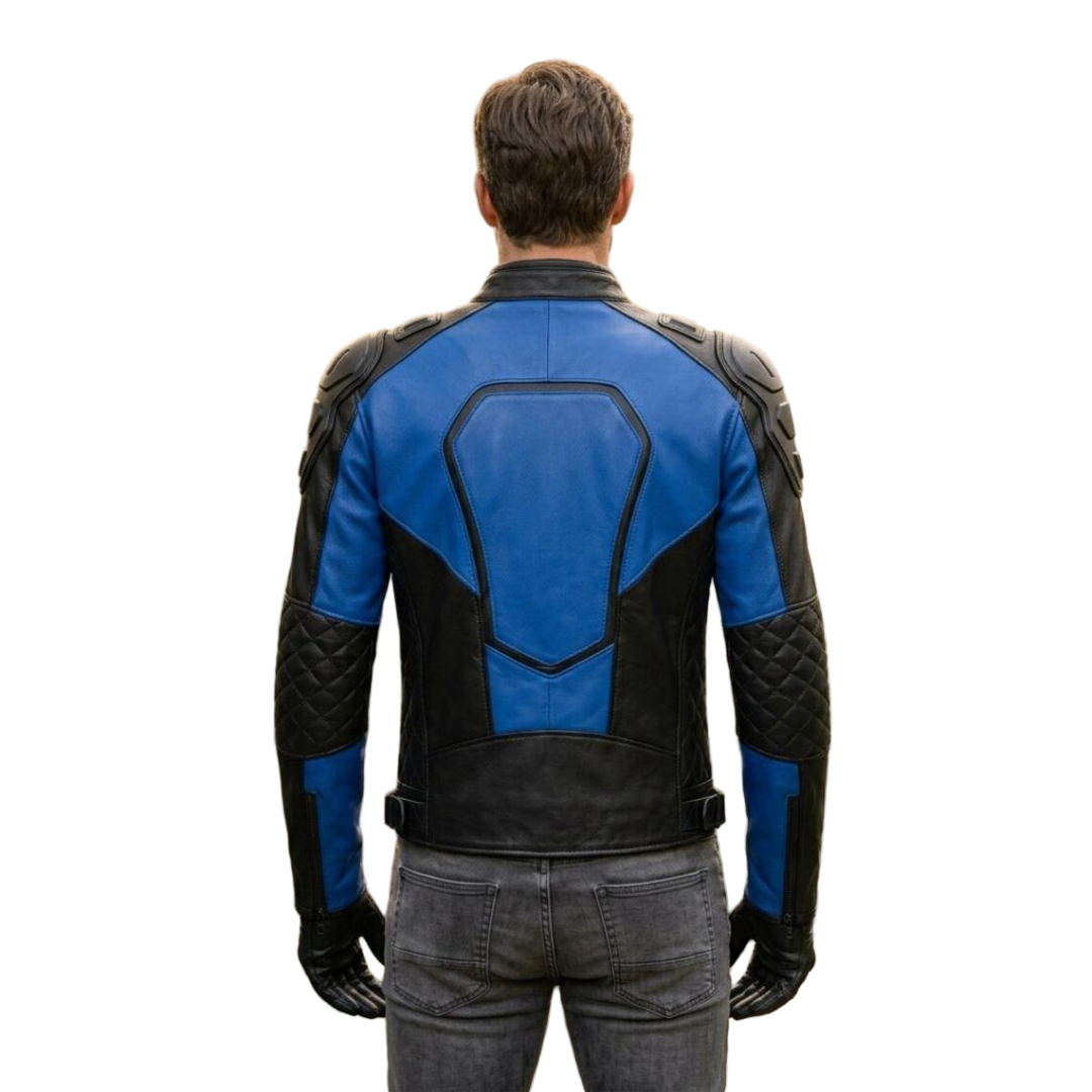 Back view of blue and black moto leather jacket with quilted panels