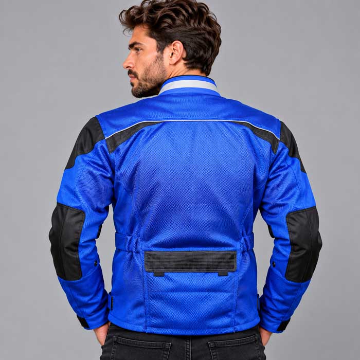 Blue ventilated motorcycle riding jacket with CE armor