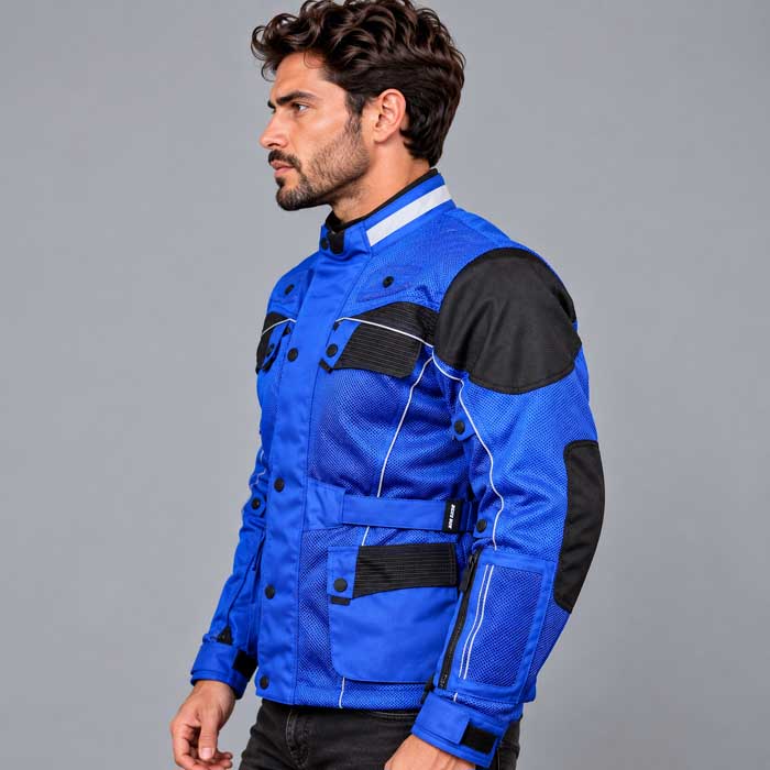 Blue motorcycle mesh jacket with removable waterproof liner