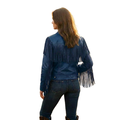 Back view of blue fringe leather jacket showing full fringe detail