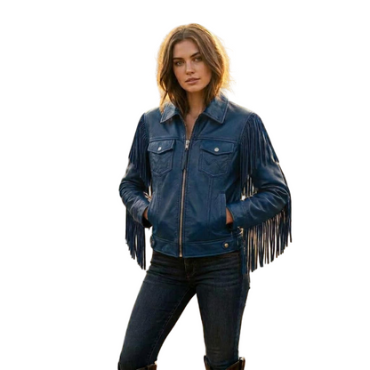 Front view of women's blue fringe leather jacket with western cowboy moto style and zipper closure