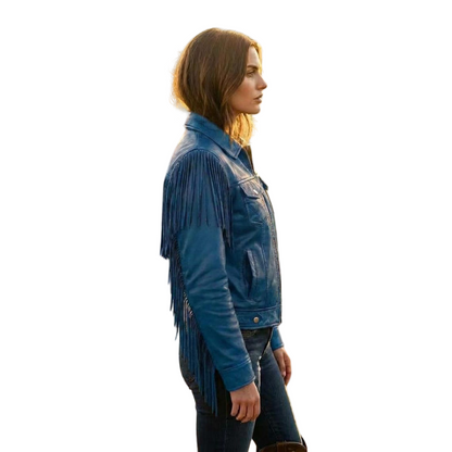 Side angle of blue fringe leather jacket with long western fringe