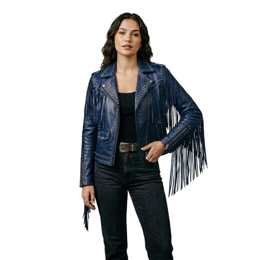 Front view of women blue fringe studded leather moto jacket