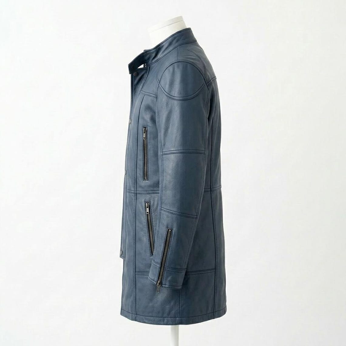 Side profile of blue leather biker long coat for men