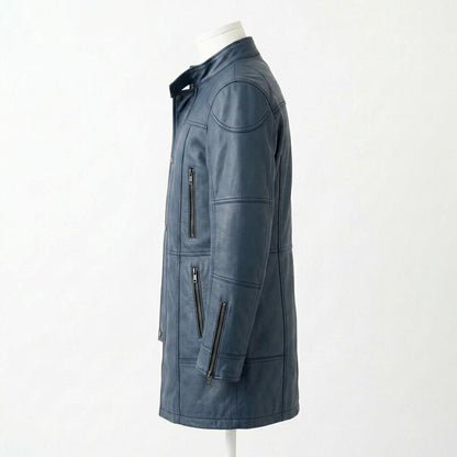 Side profile of blue leather biker long coat for men