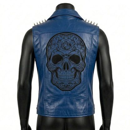 Back design of blue leather biker vest featuring bold skull patch