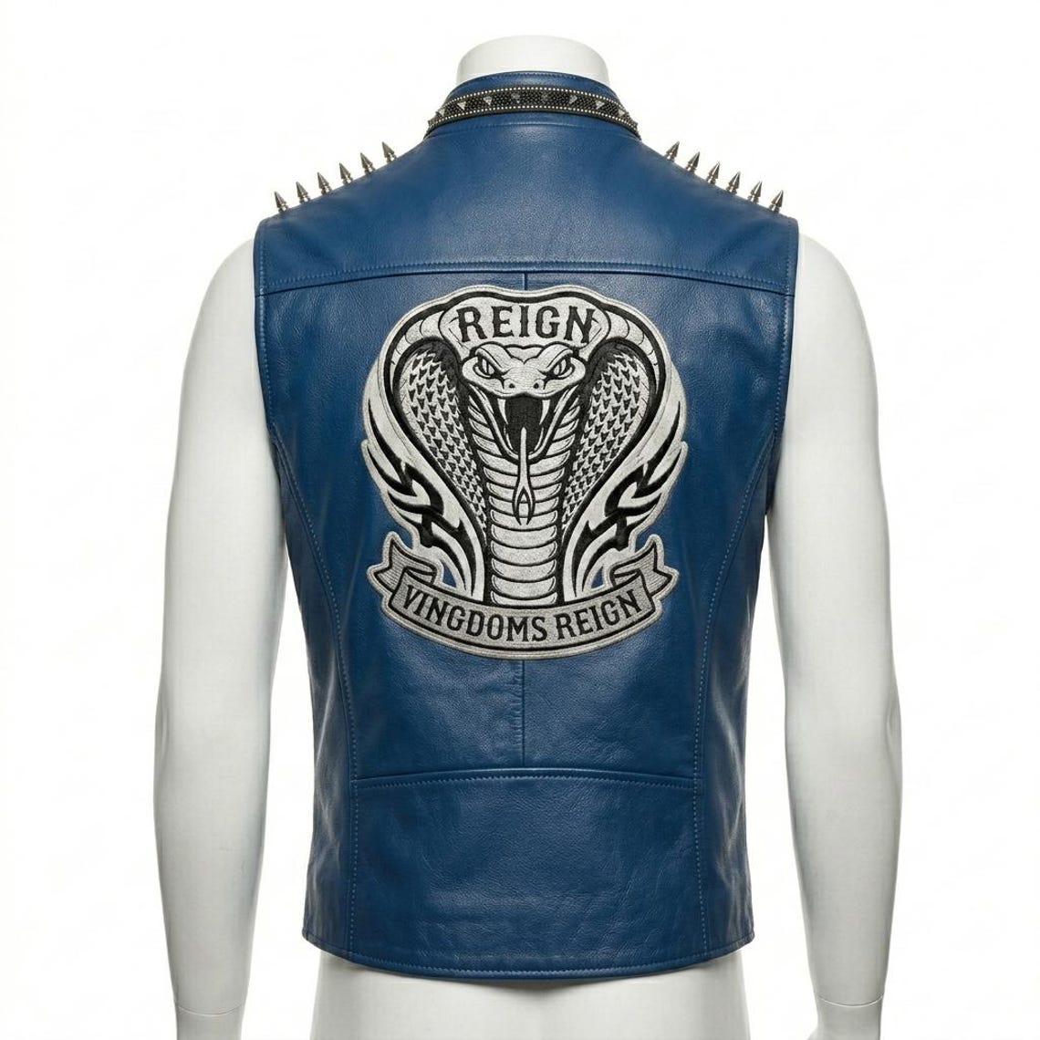 Back embroidery design on men blue leather biker vest
