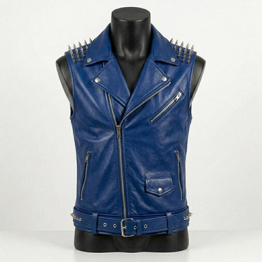 Front view of men blue leather biker vest with skull patch and studded shoulder