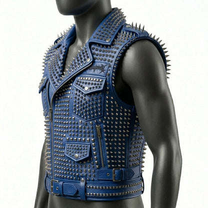  Side angle of blue leather punk rock moto waistcoat for men