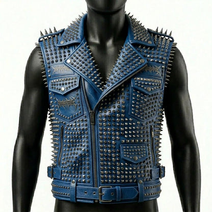 Front view of blue studded leather biker vest with heavy spike detailing