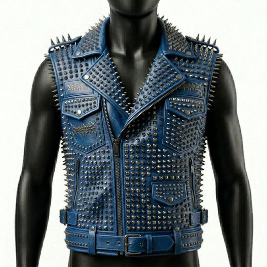 Front view of blue studded leather biker vest with heavy spike detailing