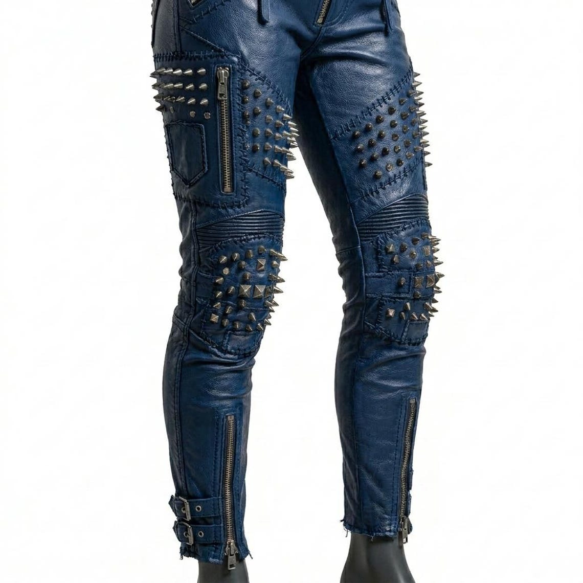  Side zipper detail on blue studded leather biker pant for women