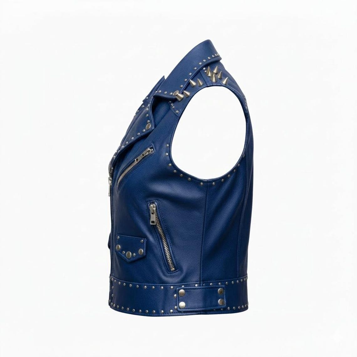 Side angle of blue studded moto vest for women