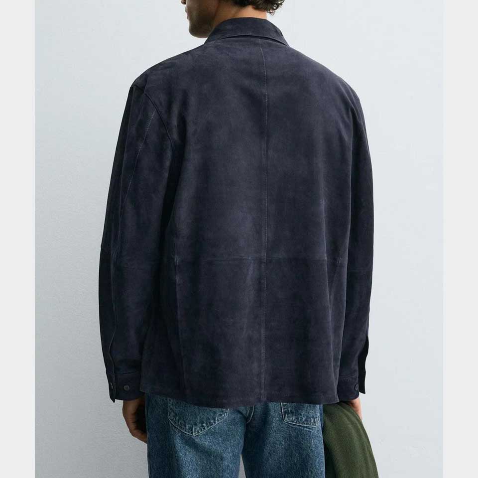 Mens Blue Suede Leather Shirt Jacket Casual Button Down