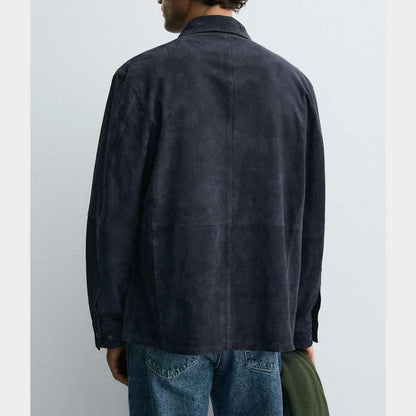 Mens Blue Suede Leather Shirt Jacket Casual Button Down