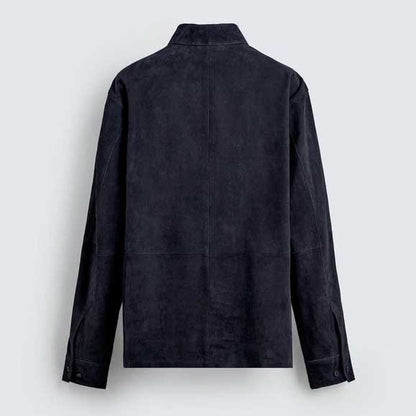 Mens Blue Suede Leather Shirt Jacket Casual Button Down