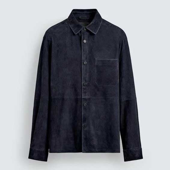 Mens Blue Suede Leather Shirt Jacket Casual Button Down