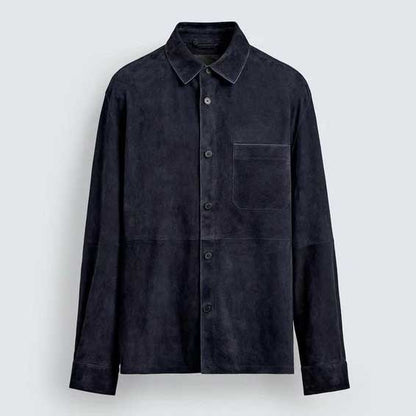 Mens Blue Suede Leather Shirt Jacket Casual Button Down