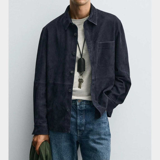 Mens Blue Suede Leather Shirt Jacket Casual Button Down