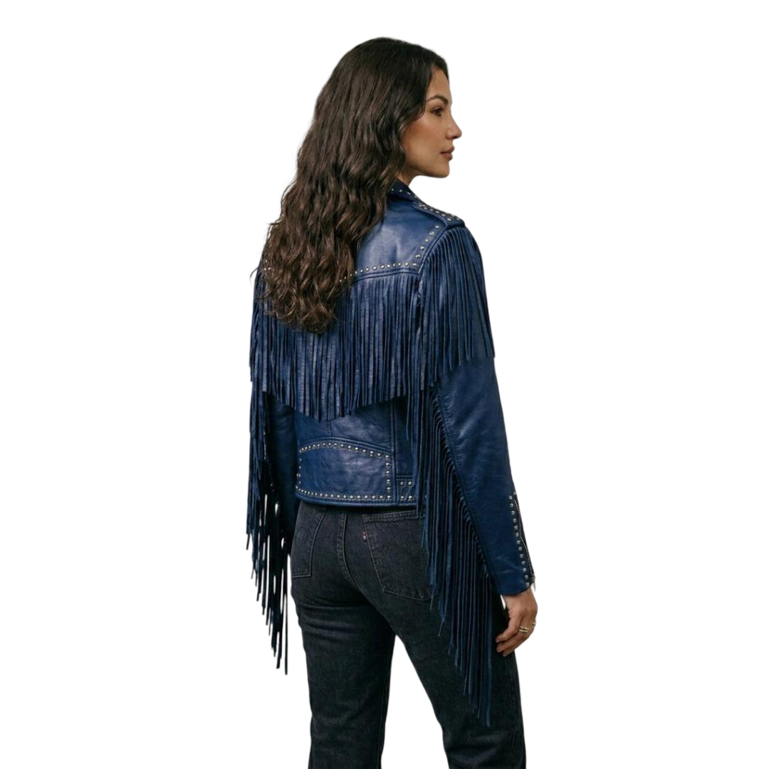 Back view of blue western fringe leather moto jacket