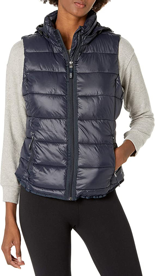 Women’s Blue Quilted Puffer Vest with Removable Hood