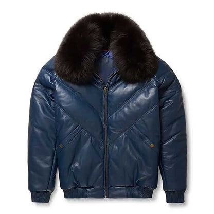 Close-up of V-chevron stitching on blue leather jacket