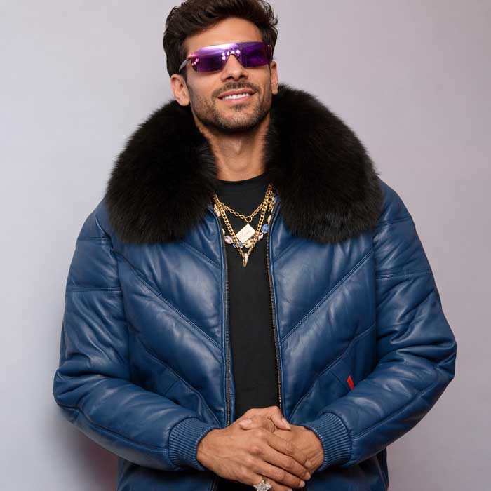 Men's blue sheepskin leather V-bomber jacket front view
