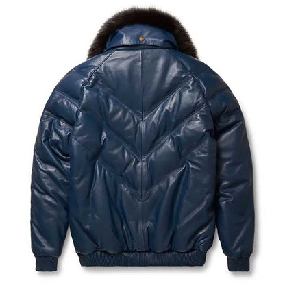 Men's blue leather jacket showing ribbed cuffs and hem detail