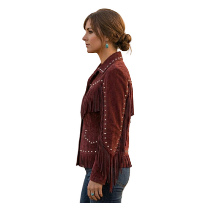 Side view of red boho cowgirl suede leather jacket with fringe