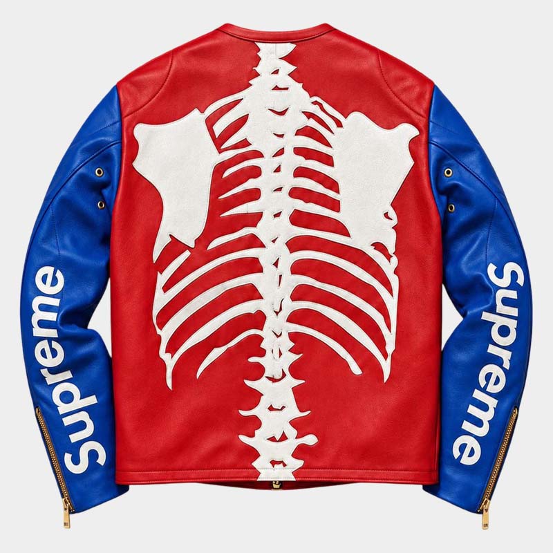 Men's red and royal-blue leather skeleton jacket with gold hardware