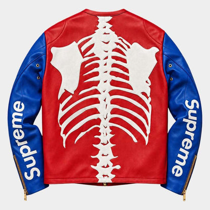 Men's red and royal-blue leather skeleton jacket with gold hardware