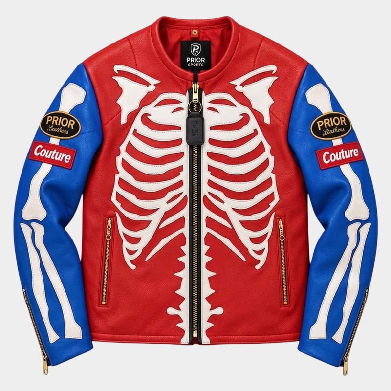 Bone Riot men's red skeleton leather biker jacket with white bone appliqués