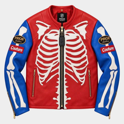 Bone Riot men's red skeleton leather biker jacket with white bone appliqués
