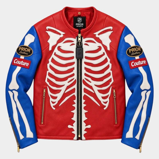 Bone Riot men's red skeleton leather biker jacket with white bone appliqués