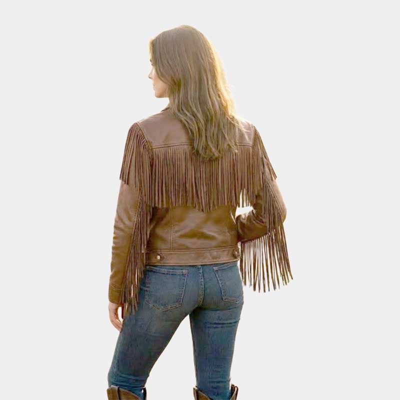 Women Brown Leather Fringe Jacket Western Cowboy Moto Style