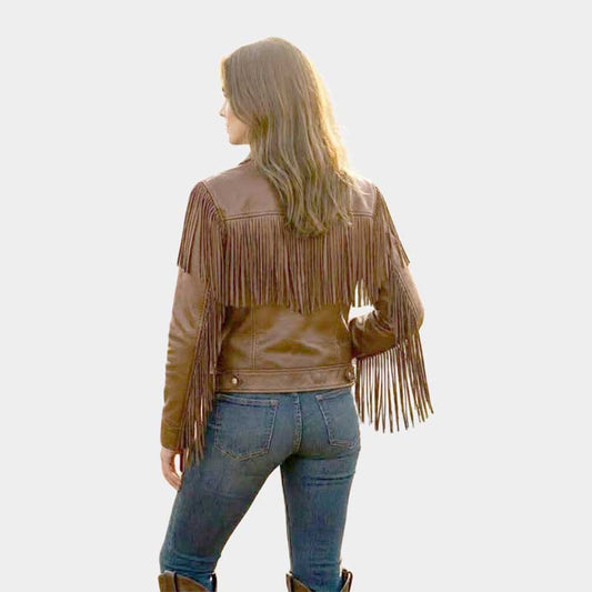 Women Brown Leather Fringe Jacket Western Cowboy Moto Style