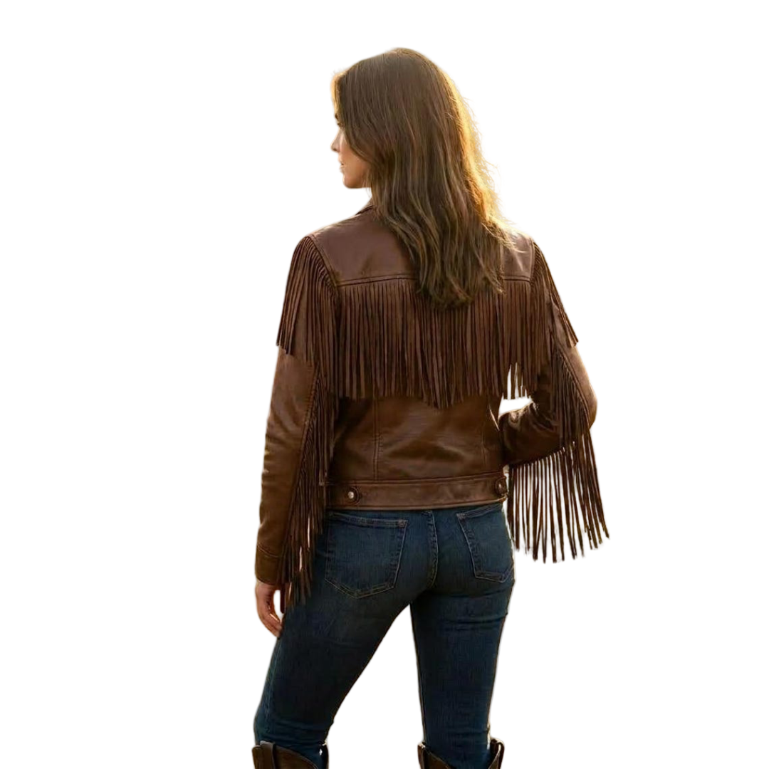 Back view showing long fringe detail on brown leather cowboy moto jacket