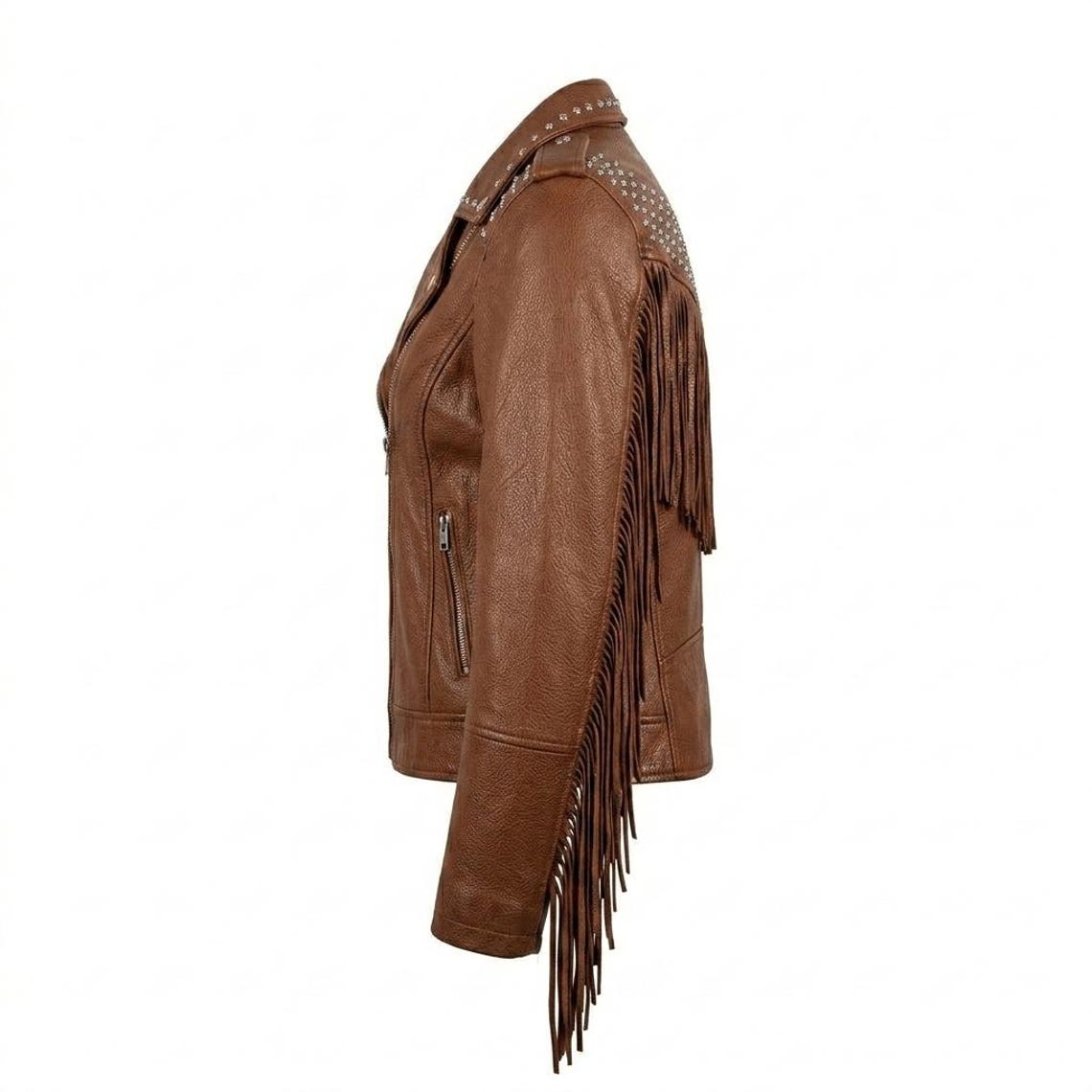 Side profile of slim fit brown fringe studded leather moto jacket for women