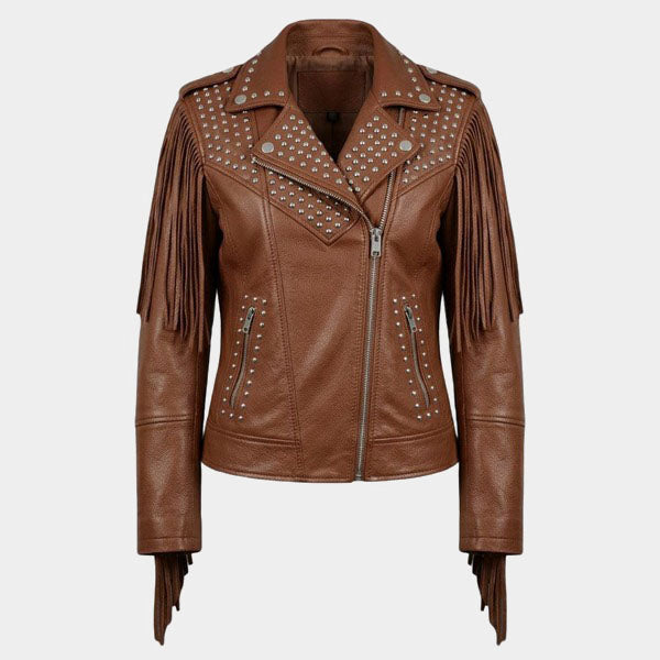 Women Brown Fringe Studded Leather Biker Jacket Slim Fit Moto Style