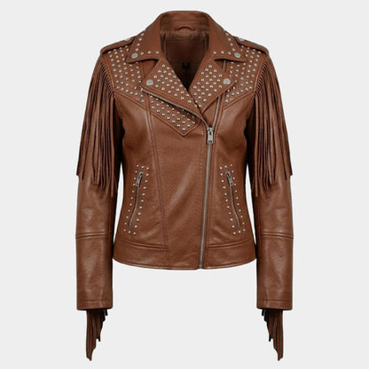 Women Brown Fringe Studded Leather Biker Jacket Slim Fit Moto Style