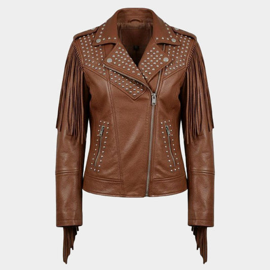 Women Brown Fringe Studded Leather Biker Jacket Slim Fit Moto Style