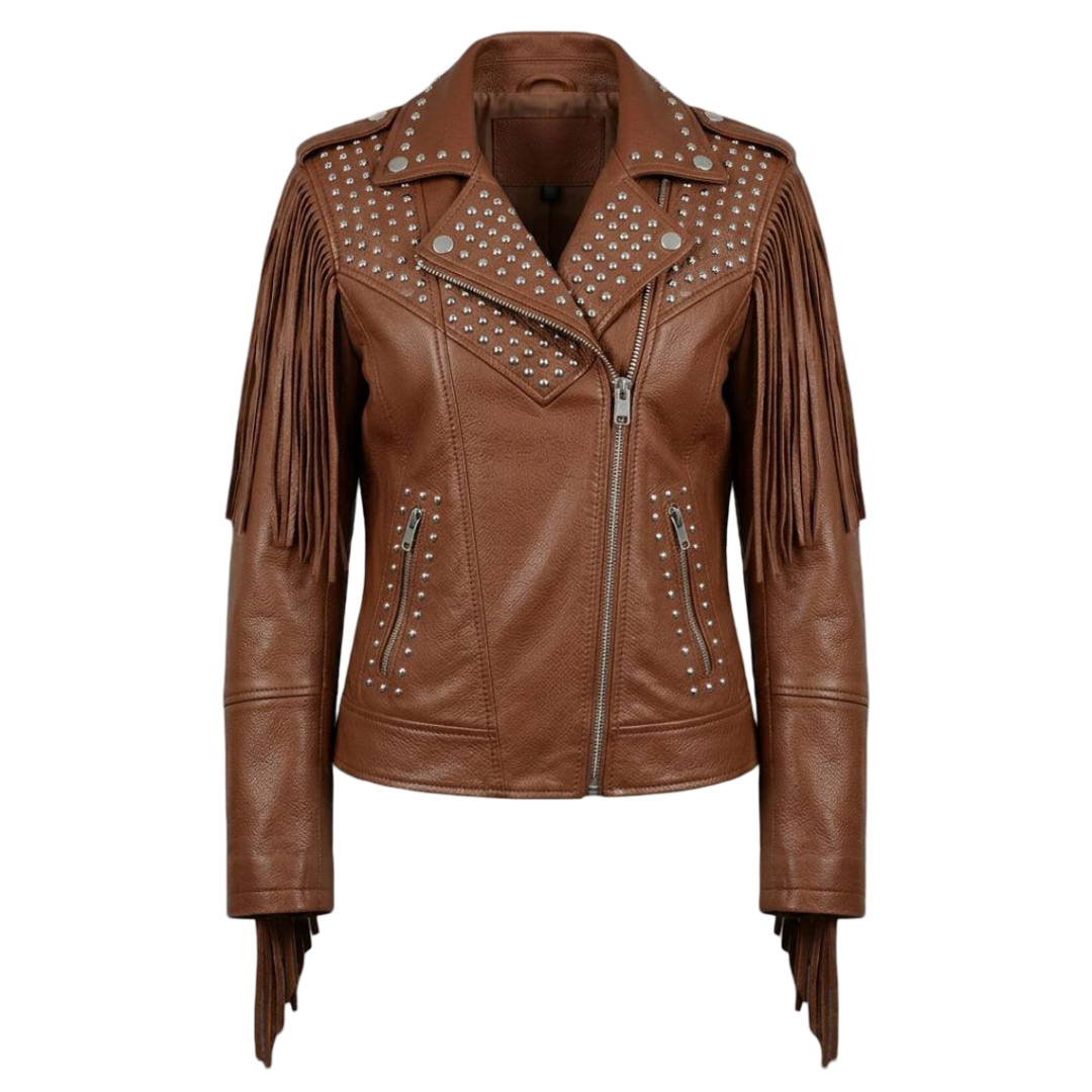 Front view of women brown leather biker jacket with fringe and stud detail