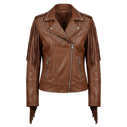 Front view of women brown leather biker jacket with fringe and stud detail