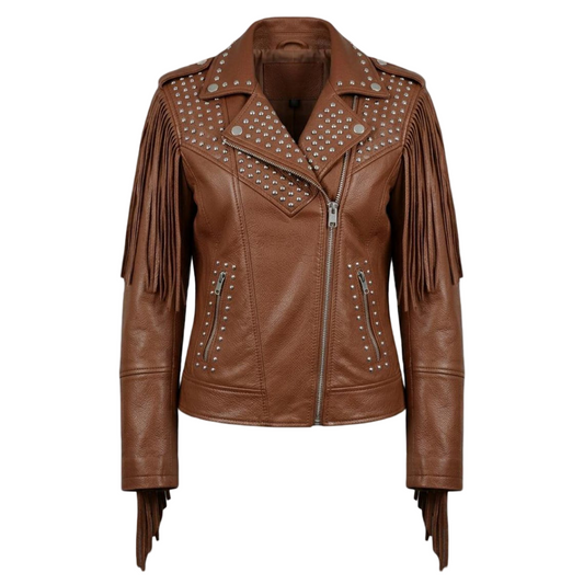 Front view of women brown leather biker jacket with fringe and stud detail