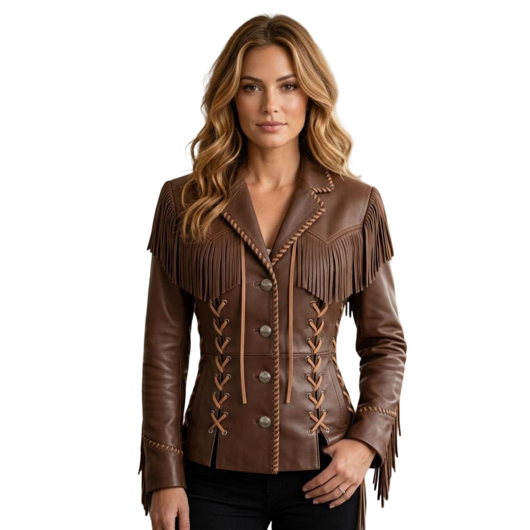 Front view of women brown leather fringe jacket with corset style fit
